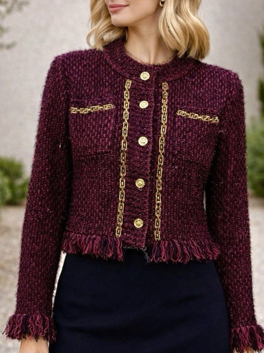 Mod Fringed Tweed Button Jacket Chained Metallic Frayed Cuff Pocket Long Sleeve